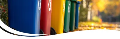 Five recycle bins lined up in a row on a street covered in leaves